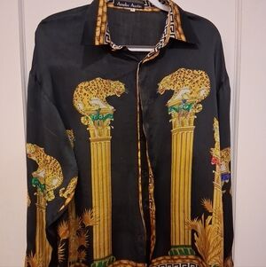 Amelia Austin Black and Gold Lion Themed Silk Dress Shirt Underarm 22" S GUC